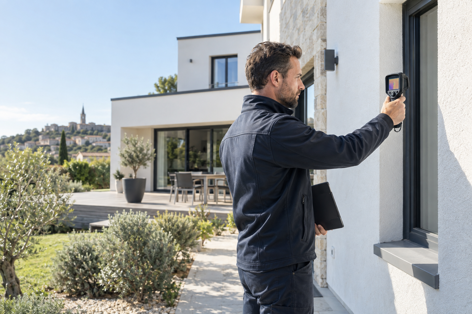 Diagnostiqueur immobilier réalisant une inspection thermique